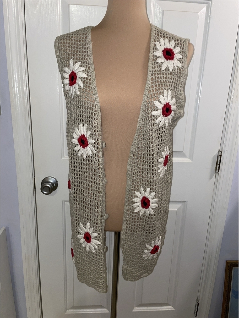 Vintage Sleeveless Open Front Boho Hippie Cottagecore Crochet Sweater Size Large